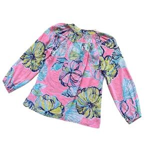 Lilly Pulitzer Floral 100% Silk Blouse Top Shirt 1/4 Button Long Sleeve V-neck M